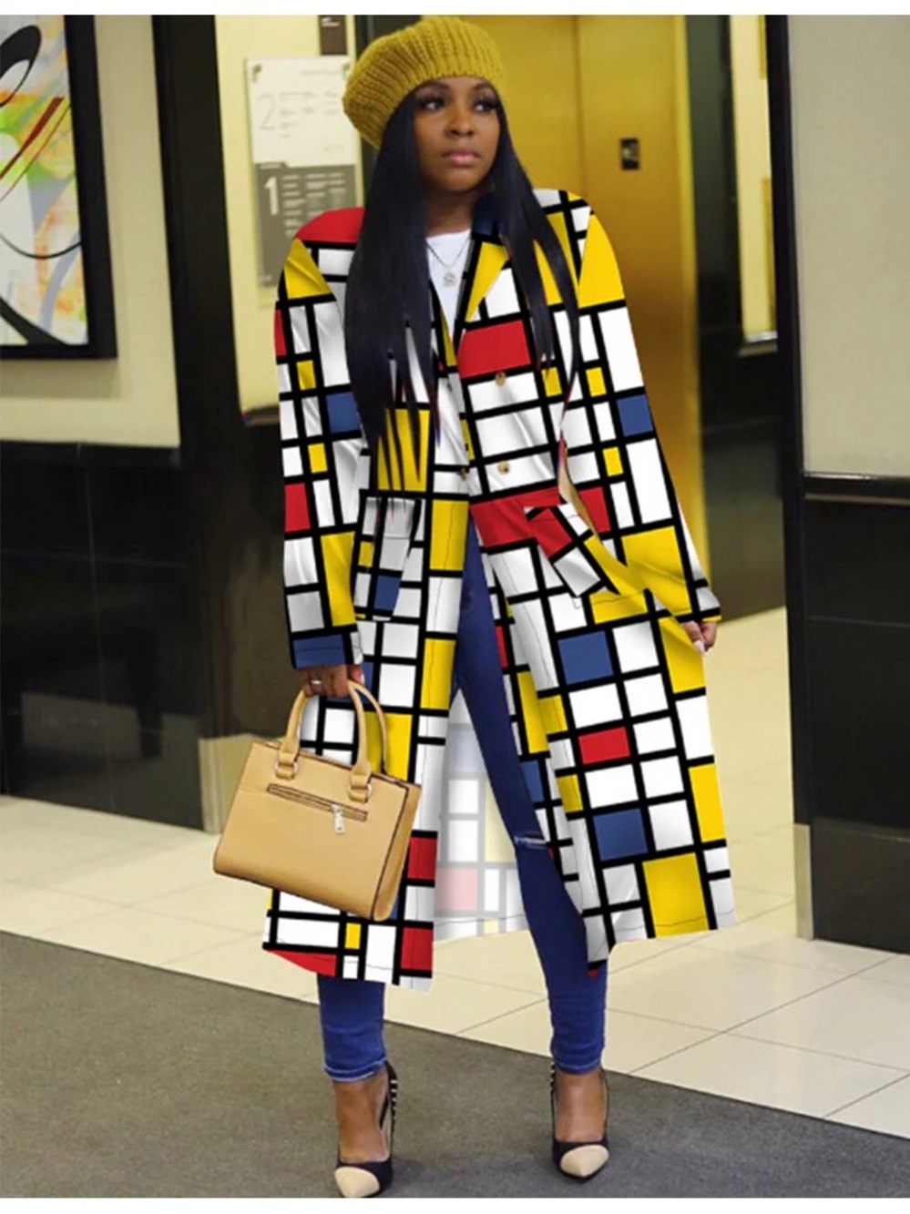 Women's Colored Geo Turn Down Collar Trench Coat Colorful Outerwear Cardigan Lon